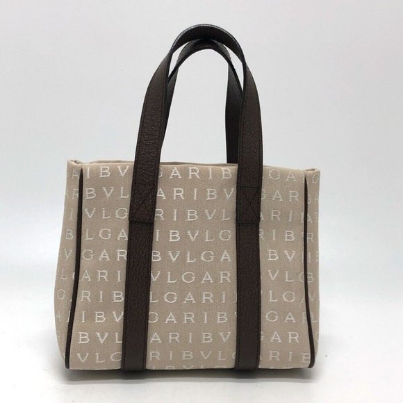 BVLGARI Logo mania Tote Bag Hand Bag Canvas/Leather Beige - Picture 1 of 10